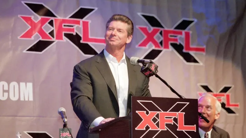 Vince McMahon at the XFL launch podium, 2000